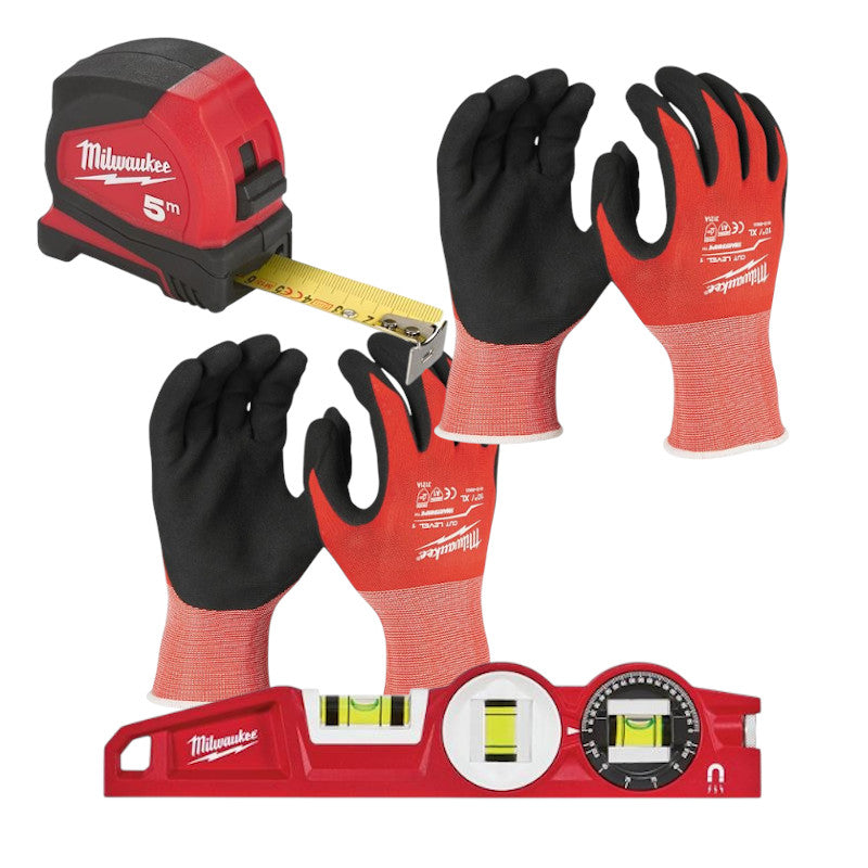 Milwaukee HT & PSA Set aus Bandmaß Schnittschutzhandschuhe Wasserwaage