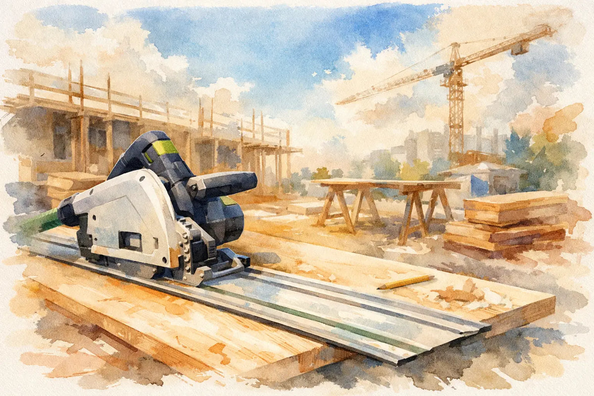 Tauchsäge mit Führungsschiene auf der Baustelle